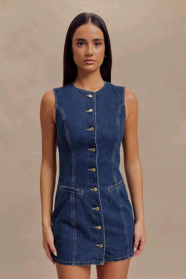 SC Fashion O Neck Sleeveless Denim Midi Dress GMYT-13613