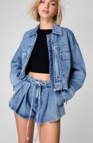 SC Long Sleeve Loose Coat Denim Two Piece Short Set GMYT-12982