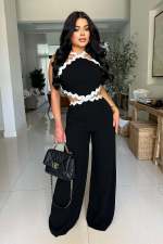 SC Wave Line Spliced Wide Leg Jumpsuit OSM-4931