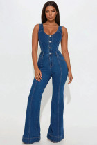 SC Sleeveless Single-breasted Denim Flare Jumpsuit LX-6062