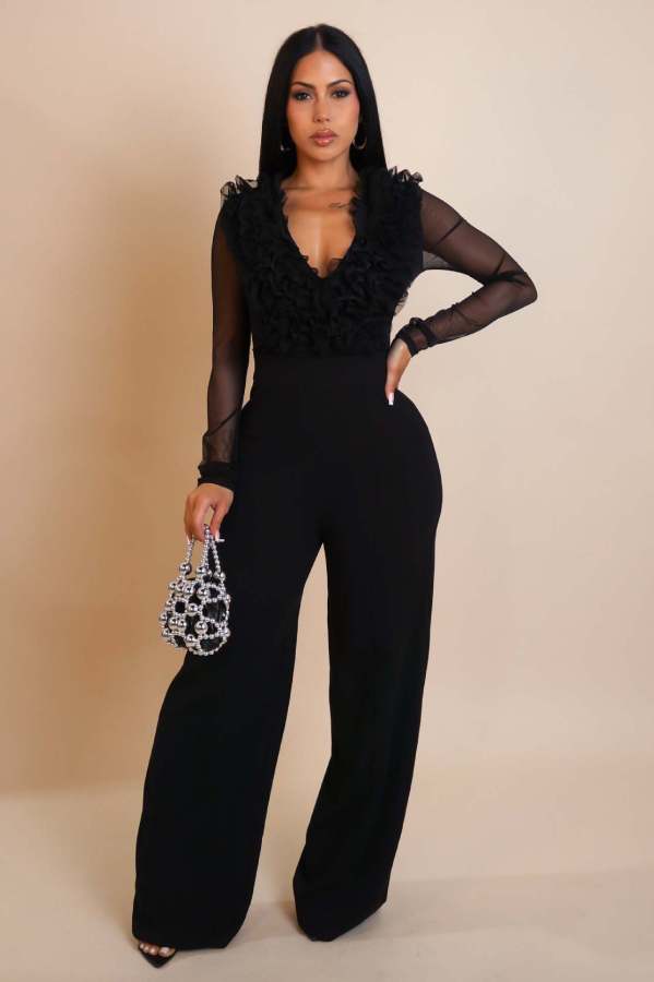 SC Mesh Patchwork Long Sleeve Jumpsuit OSM-4482