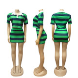 SC Stripe Contrast Color Shor Sleeve Tops Short Set SFY-683-1