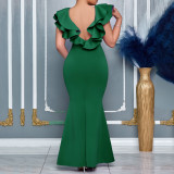 SC Solid Color V Neck Ruffles Fishtail Dress GCZF-8634