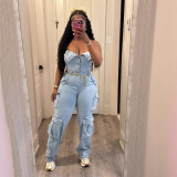 SC Off Shoulder Multi-pockets Denim Jumpsuit LSD-2468