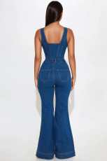 SC Sleeveless Single-breasted Denim Flare Jumpsuit LX-6062
