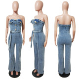 SC Washed Wrap Chest  Loose Denim Jumpsuit LX-6996