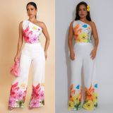 SC Plus Size Slash Shoulder Sleeveless Loose Two Piece Pants Set NY-11077