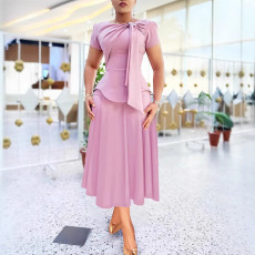 SC Solid Color Short Sleeve Long Skirt Suit MK-3212