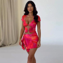 SC Print Tie Up Irregular Skirt 2 Piece Set SHD-9787