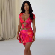 SC Print Tie Up Irregular Skirt 2 Piece Set SHD-9787