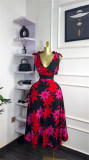 SC V Neck Print Tie Up Midi Dress GMSF-9248