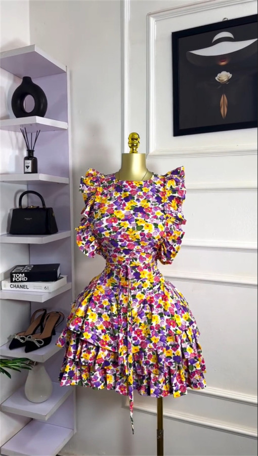 SC Print Ruffles O Neck Mini Dress GMSF-9255