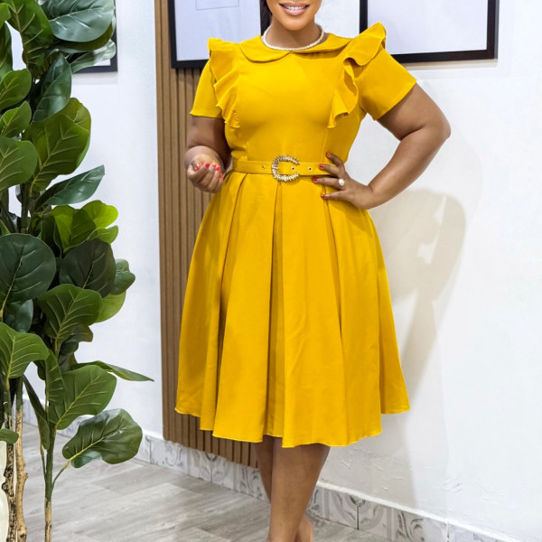 SC Short Sleeve Solid Color Ruffles Midi Dress GATE-D583