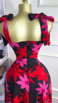 SC V Neck Print Tie Up Midi Dress GMSF-9248