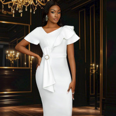 SC Slash Neck Bow Ruffles Midi Dress GKEN-050218