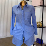 SC Solid Color Beaded Long Sleeve Shirt Shorts Set GCNE-72464