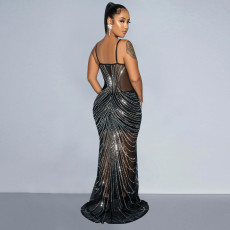 SC Solid Color Hot Drill Sling Evening Dress GOSD-7040