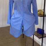 SC Solid Color Beaded Long Sleeve Shirt Shorts Set GCNE-72464