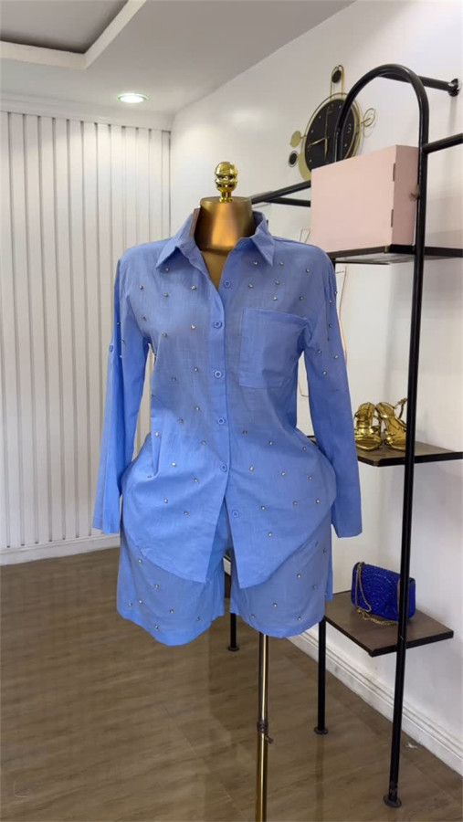 SC Solid Color Beaded Long Sleeve Shirt Shorts Set GCNE-72464