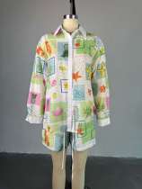 SC Print Hollow Out Shirt Two Piece Short Set GCNE-72536