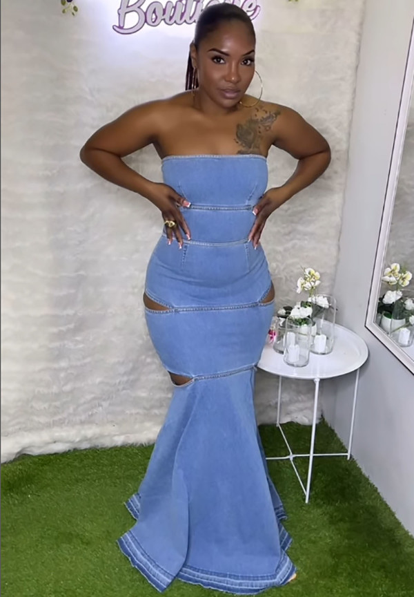 SC Denim Solid Color Wrap Chest Ruffles Fishtail Dress GAKF-50411