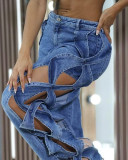 SC Fashion Denim Wrap Chest Hollow Out Loose Pants Suit GAKF-50324