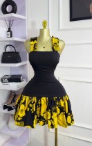 SC Print Color Block Sling Pleated Mini Dress GXIN-S-8841