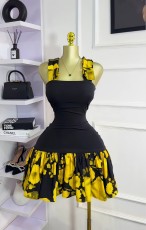 SC Print Color Block Sling Pleated Mini Dress GXIN-S-8841