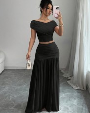 SC Solid Color One Neck Top Pleated Skirt 2 Piece Set GXIN-S-8832
