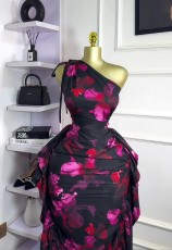 SC Single Shoulder Tie Up Print Ruffles Midi Dress GXIN-S-8837