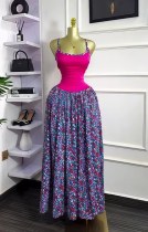 SC Color Block Print Sling Pleated Long Dress GXIN-S-8835