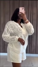 SC Long Sleeve V Neck Tops Two Piece Short Set GXIN-S-8816