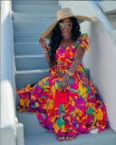 SC Puffy Short Sleeve Color Block Printed Pleated Long Dress GXIN-S-8791