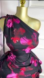 SC Single Shoulder Tie Up Print Ruffles Midi Dress GXIN-S-8837