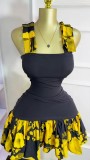 SC Print Color Block Sling Pleated Mini Dress GXIN-S-8841