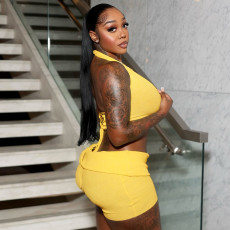 SC Sexy Halterneck Hollow Out Two Piece Shorts Set MXBF-D25ST155