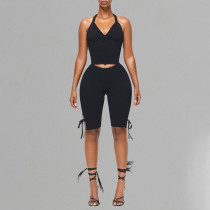 SC Halterneck Solid Color Tops Bow Pants Suit MXBF-J25ST089