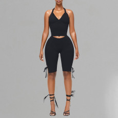 SC Halterneck Solid Color Tops Bow Pants Suit MXBF-J25ST089