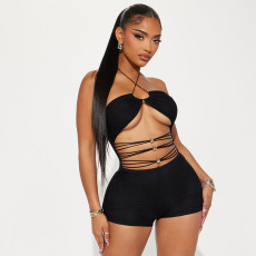 SC Hollow Out Halterneck Tie Up Skinny Romper GDSF-D25RP173