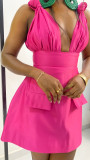 SC Solid Color V Neck Solid Color Mini Dress GXIN-S-8681