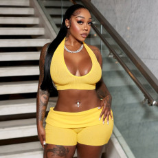 SC Sexy Halterneck Hollow Out Two Piece Shorts Set MXBF-D25ST155