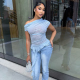 SC Mesh Slash Shoulder Ruffles Tops MXBF-D25TP185