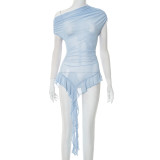 SC Mesh Slash Shoulder Ruffles Tops MXBF-D25TP185