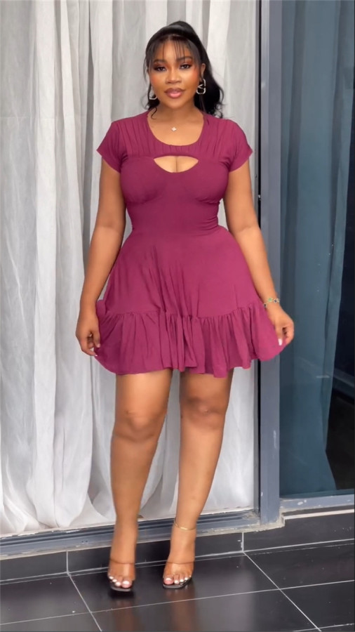 SC Hollow Out Ruffles Solid Mini Dress GMSF-9269