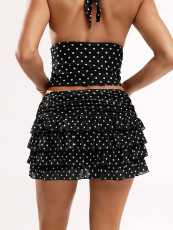 SC Polka Dot Print Halterneck Vest Skirt Set SHD-9794