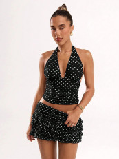 SC Polka Dot Print Halterneck Vest Skirt Set SHD-9794