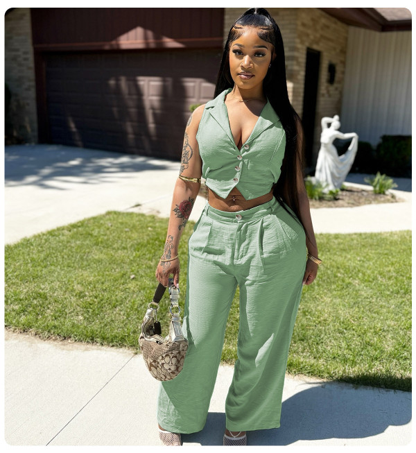 SC Sleeveless Tie Up Tops Two Piece Pants Set QYMF-3091