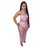 SC Solid Knitted Halter Hollow Out Maxi Dress TR-1150