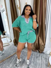 SC V Neck Stripe Knits Tops Shorts Suit QYMF-3090