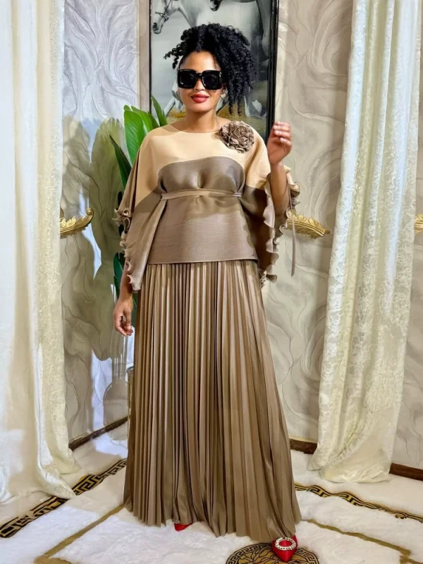 SC Color Block Half Sleeve Long Skirt Pleated Suit  GZRF-25306